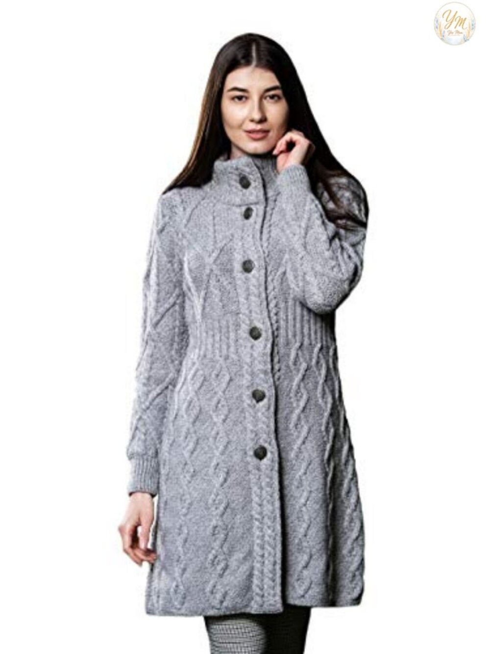 100% Merino Wool Irish Cardigan Women Celtic Knot Buttons Aran Long Cable Knit